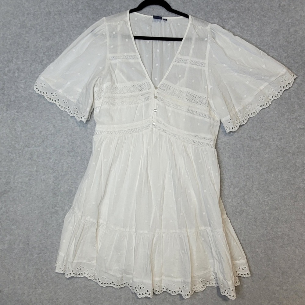 Gap White Eyelet Lace Mini Dress Swiss Dot V-Neck Tiered L Tall Cottagecore Boho